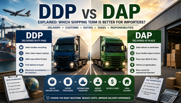 Comparație între termenii de livrare DDP și DAP, cu camioane, operațiuni vamale și logistică internațională